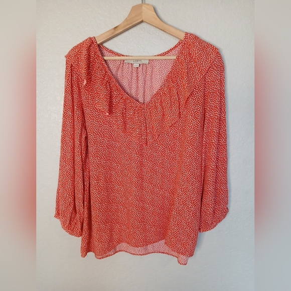 💚5/$25 LOFT Red & White Heart Print Ruffled Long Sleeve V Neck Blouse Sz Medoum - Picture 7 of 7